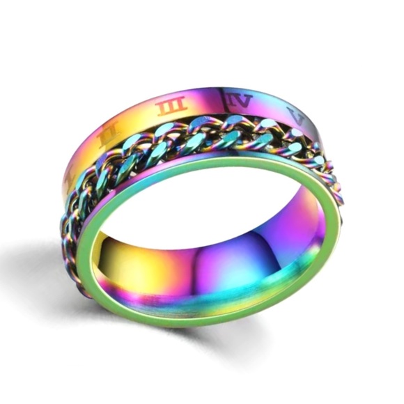 Rainbow Roman Numeral Chain Spinner Ring | Stress Relief Fidget Band | Stainless - Picture 2 of 3